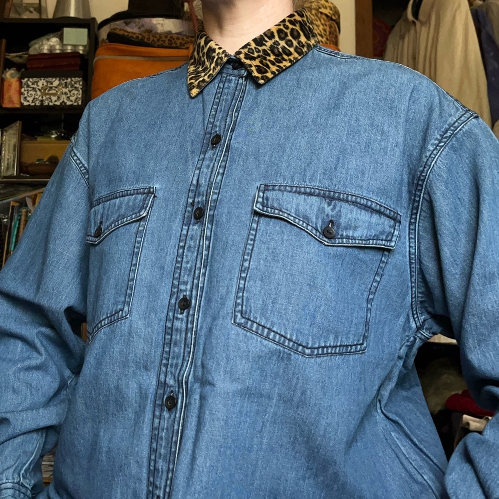 90s Solutions Denim Button-Up Shirt Leopard Collar Animal Print Funky - Picture 8 of 13